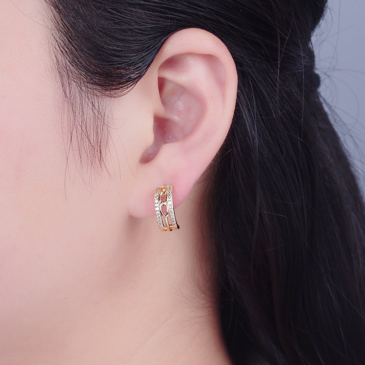 Gold Cable Link Hoop Earring with Cz Stone T-469