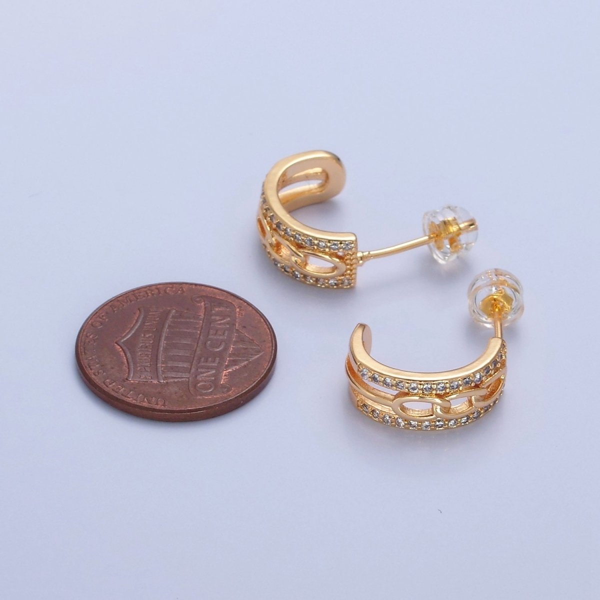 Gold Cable Link Hoop Earring with Cz Stone T-469