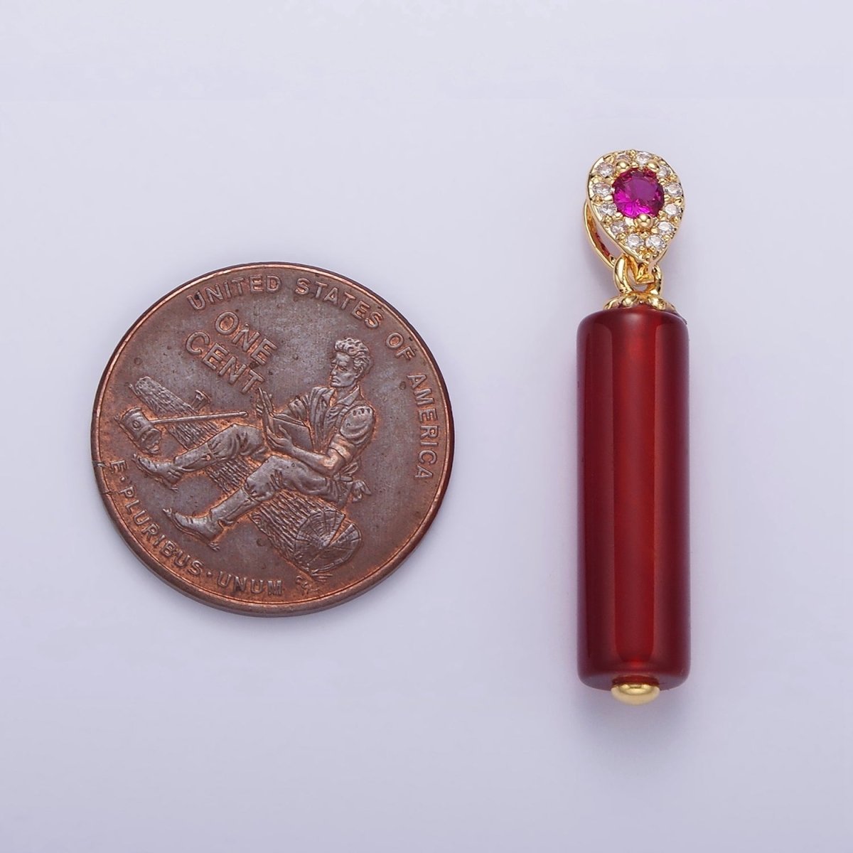 Gold Carnelian Tube Stone Charm Pendant with Pink CZ Stone For Jewelry Making Supplies N-1291