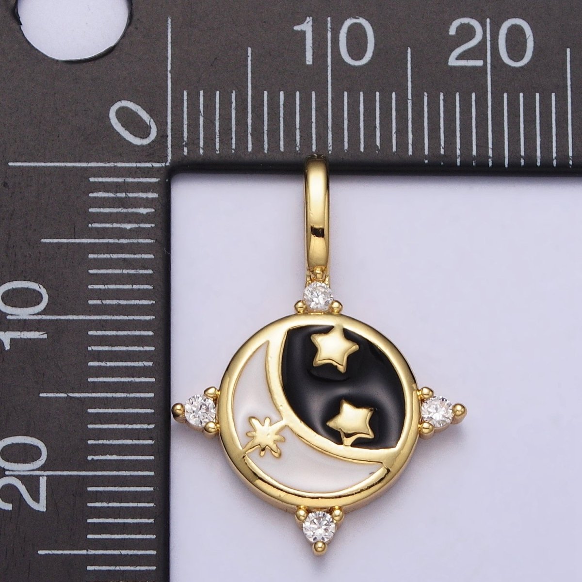 Gold Celestial Crescent Moon Stars Black & White Enamel CZ Round Pendant | AA395