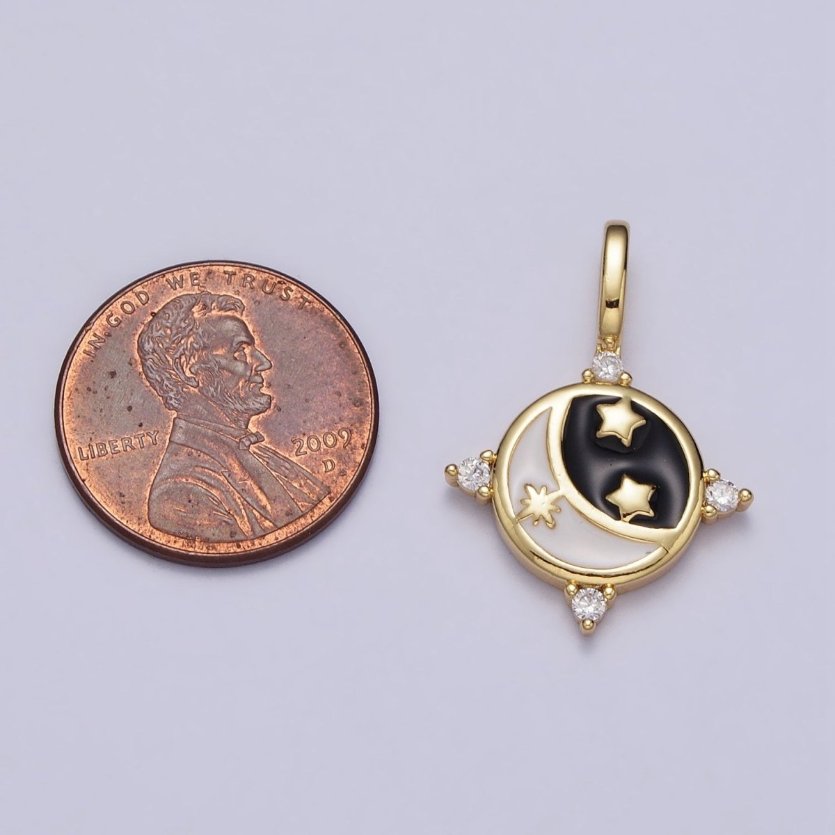 Gold Celestial Crescent Moon Stars Black & White Enamel CZ Round Pendant | AA395