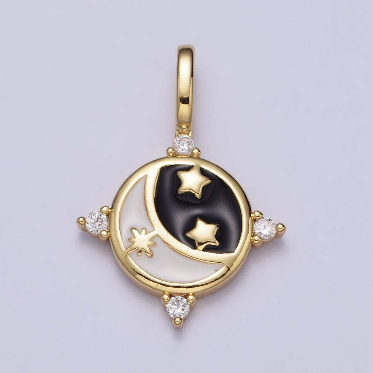 Gold Celestial Crescent Moon Stars Black & White Enamel CZ Round Pendant | AA395