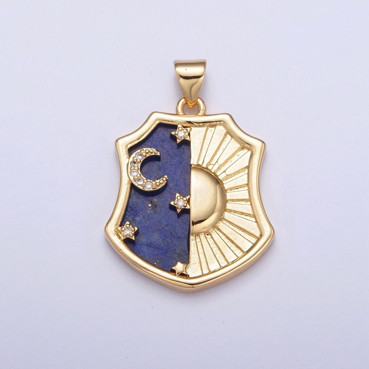 Gold Celestial Crest Pendant, Micro Pave Crescent Moon & Stars Shining Sun Pendant For Jewelry Making H-696