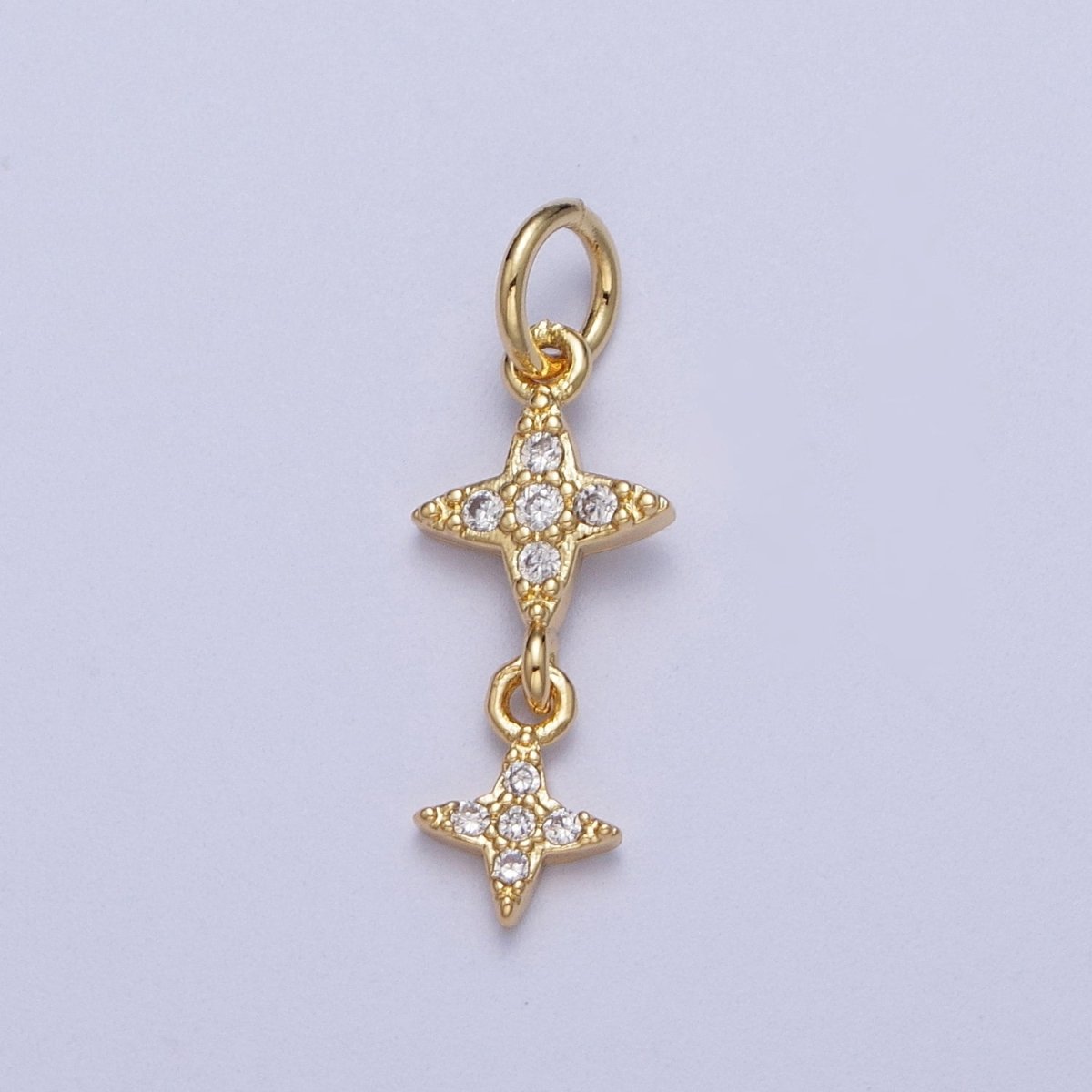 Gold Celestial Double Stars Micro Paved Cubic Zirconia Charm For DIY Jewelry Making | X-720