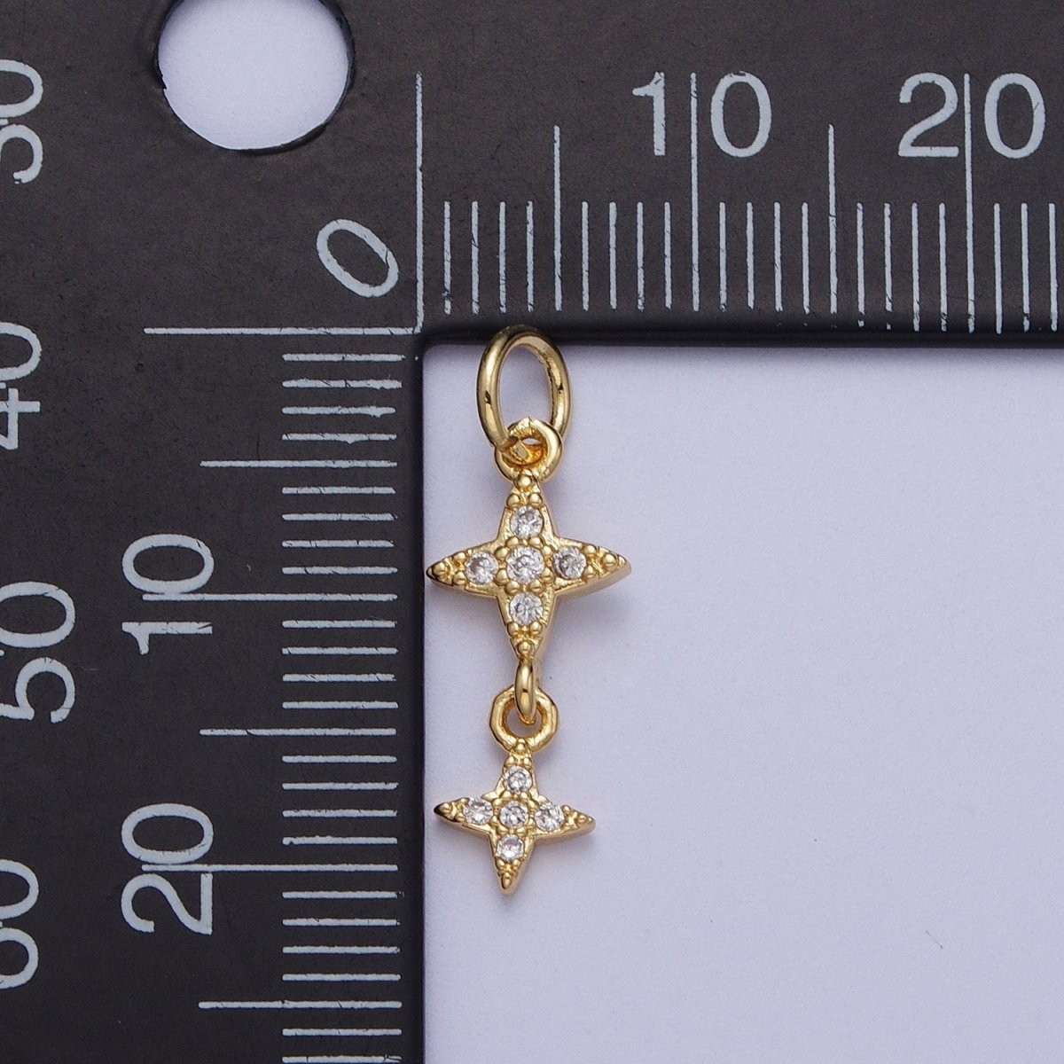 Gold Celestial Double Stars Micro Paved Cubic Zirconia Charm For DIY Jewelry Making | X-720