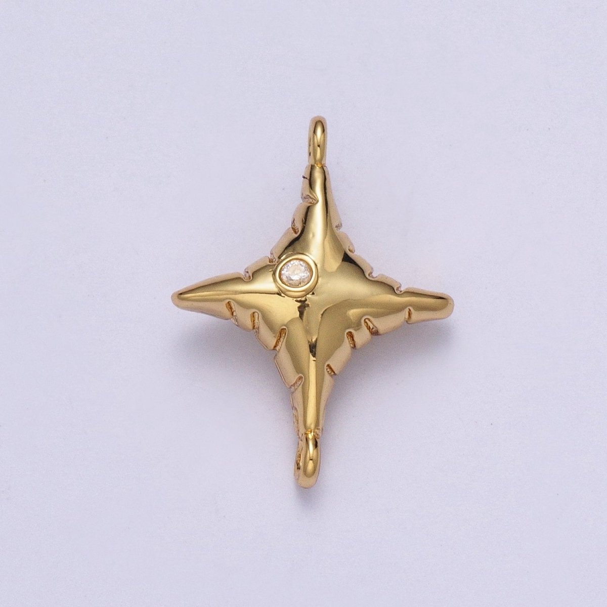 Gold Celestial Four Pointed North Star Textured with Round Dainty Cubic Zirconia Charm Component For Jewelry Making G-527