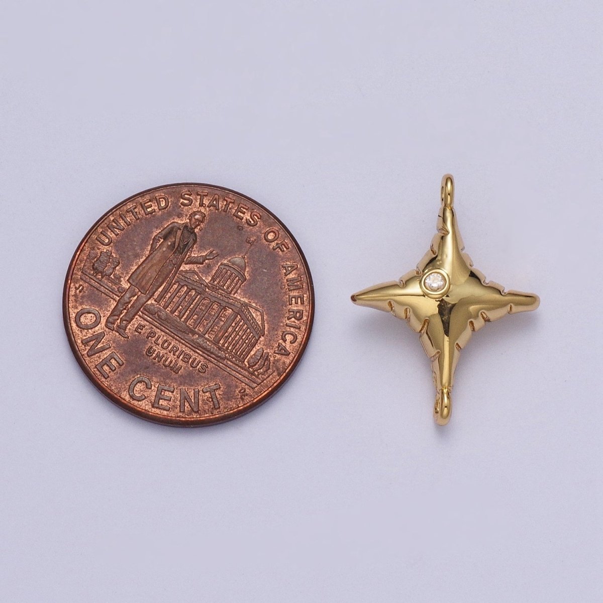 Gold Celestial Four Pointed North Star Textured with Round Dainty Cubic Zirconia Charm Component For Jewelry Making G-527