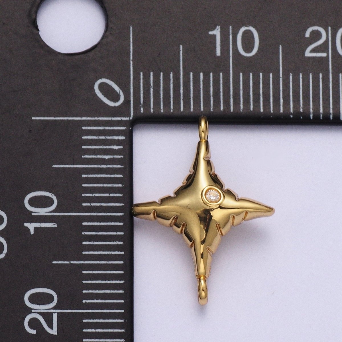 Gold Celestial Four Pointed North Star Textured with Round Dainty Cubic Zirconia Charm Component For Jewelry Making G-527
