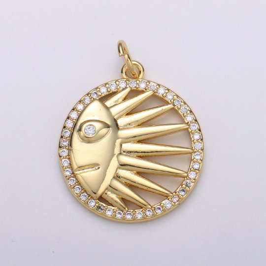 Gold Celestial Sun Crescent Moon Charm, Micro Pave CZ Charm 14K Gold Filled Pendant Celestial Face Necklace Charm for Jewelry Making D-831