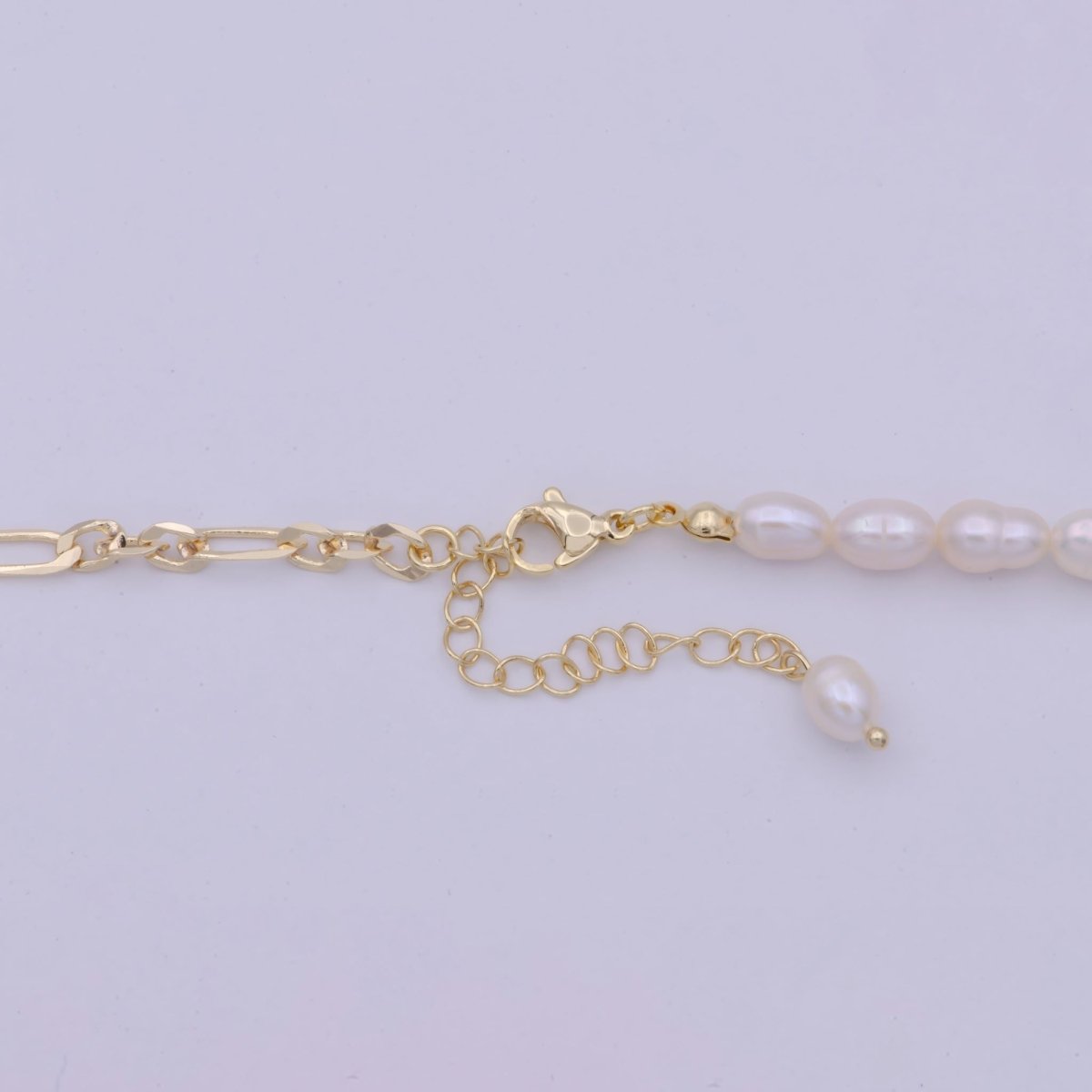 OS Gold Chain Half Pearl Necklace - Gold Figaro Chain Necklace - Dainty Pearl Choker - Emerald Green CZ | WA-511 Clearance Pricing