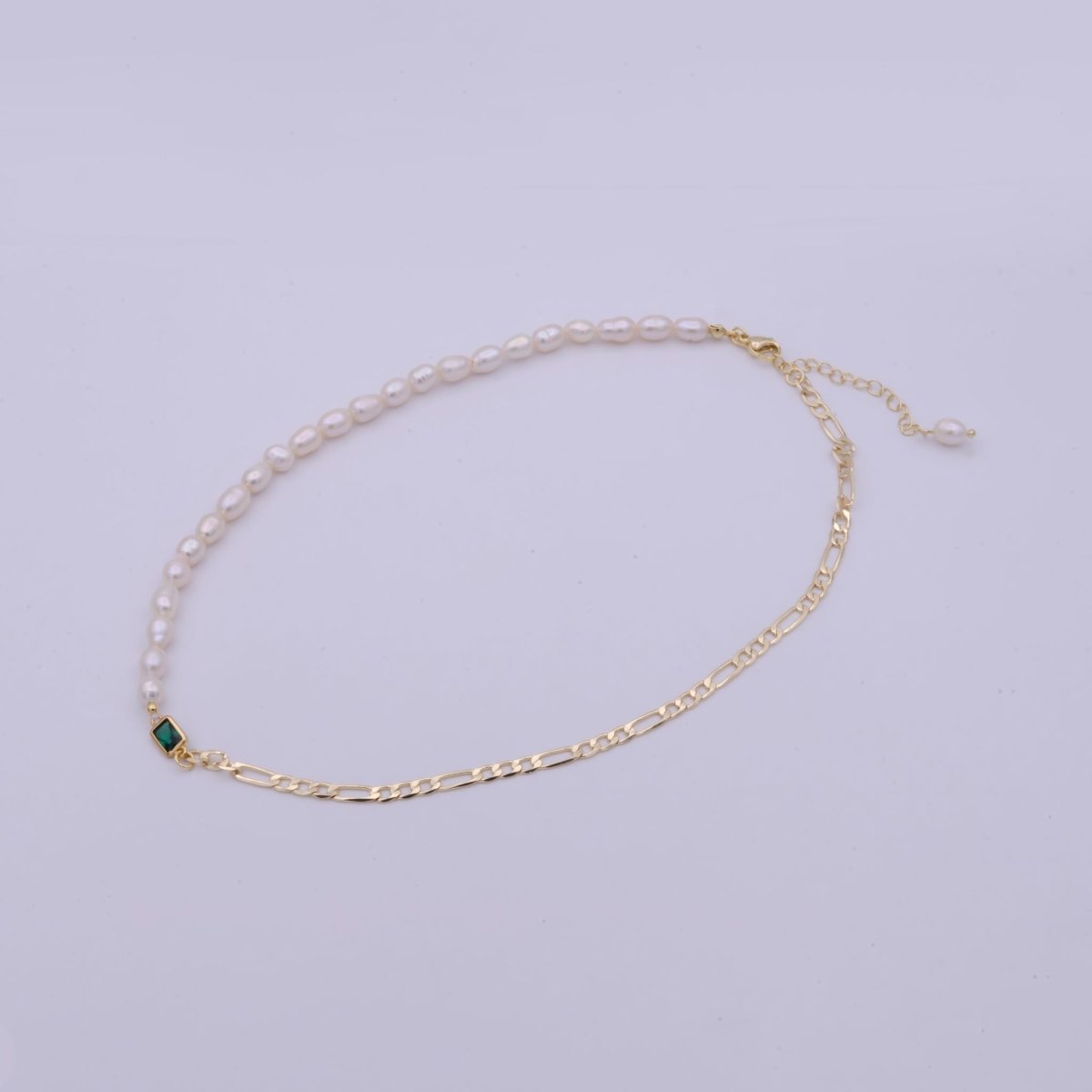 OS Gold Chain Half Pearl Necklace - Gold Figaro Chain Necklace - Dainty Pearl Choker - Emerald Green CZ | WA-511 Clearance Pricing
