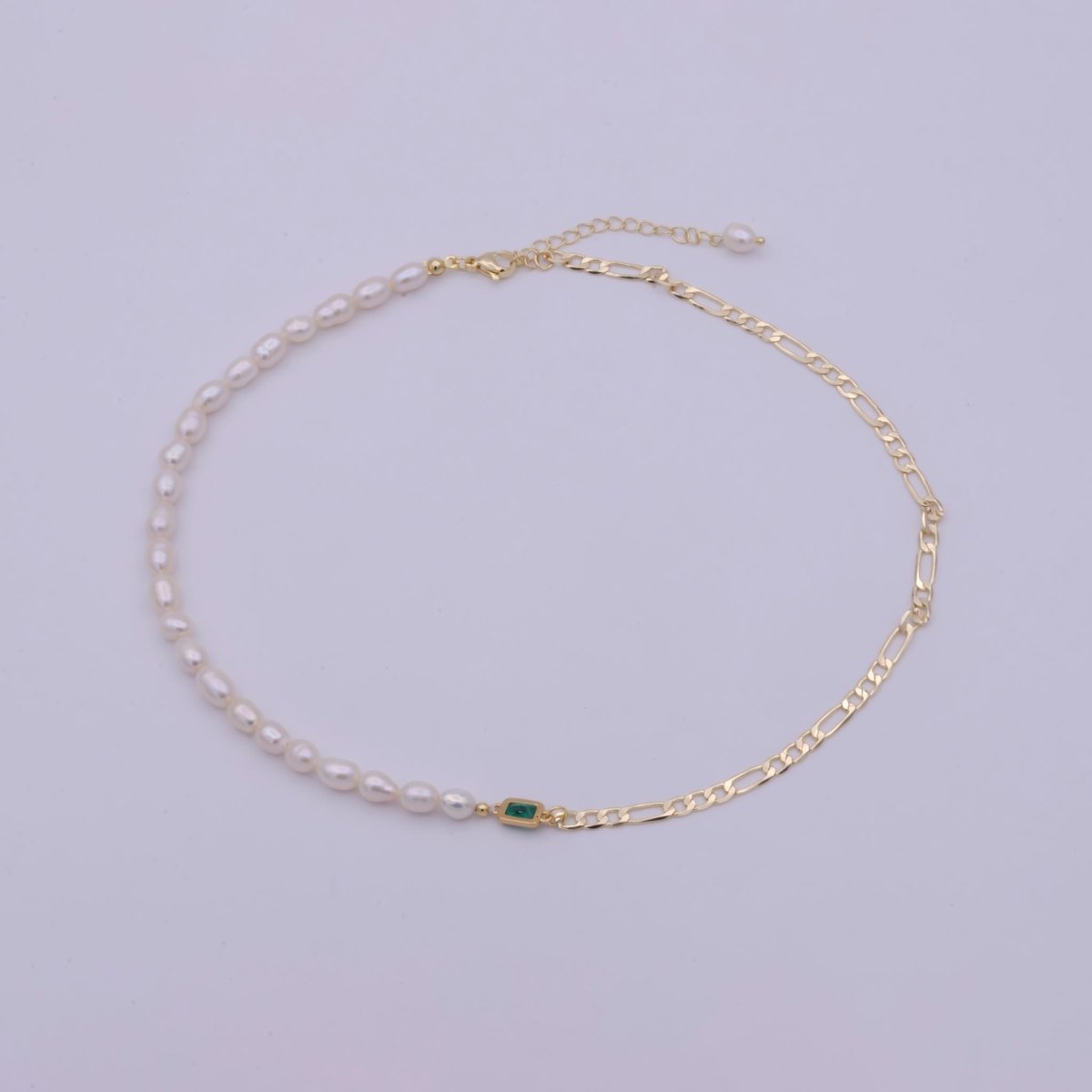 OS Gold Chain Half Pearl Necklace - Gold Figaro Chain Necklace - Dainty Pearl Choker - Emerald Green CZ | WA-511 Clearance Pricing