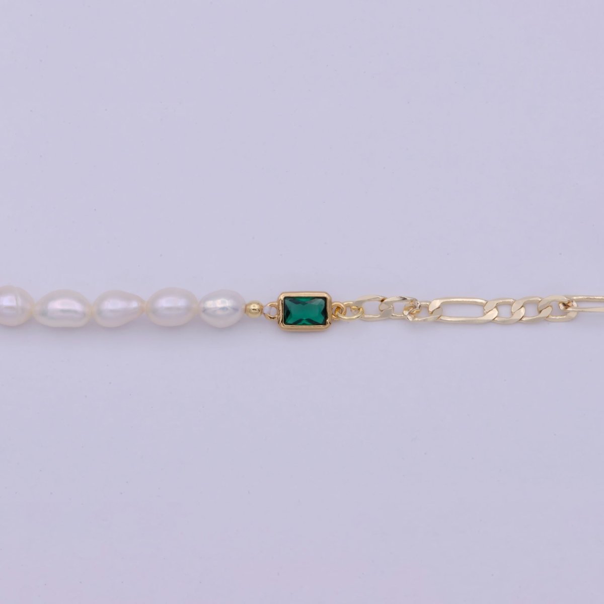 OS Gold Chain Half Pearl Necklace - Gold Figaro Chain Necklace - Dainty Pearl Choker - Emerald Green CZ | WA-511 Clearance Pricing