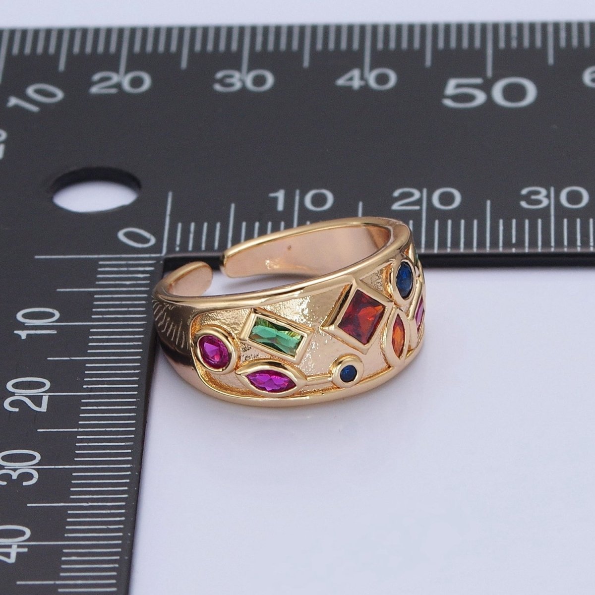 Gold Chunky Gemstone Ring Multi Color CZ Stone Dome Ring Adjustable O-738