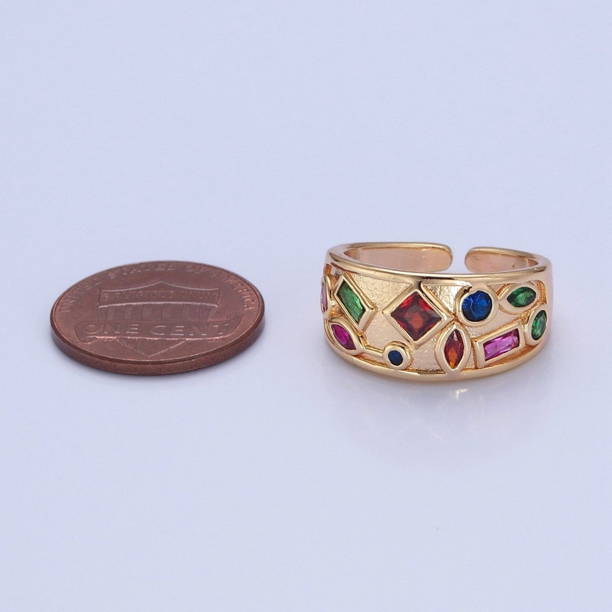 Gold Chunky Gemstone Ring Multi Color CZ Stone Dome Ring Adjustable O-738