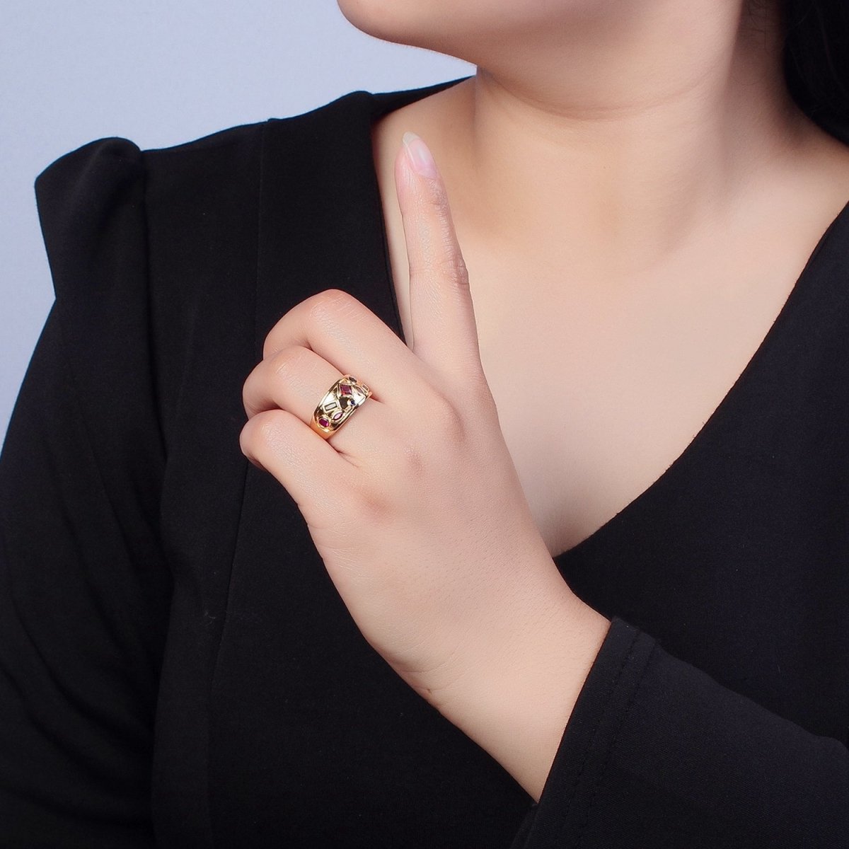 Gold Chunky Gemstone Ring Multi Color CZ Stone Dome Ring Adjustable O-738
