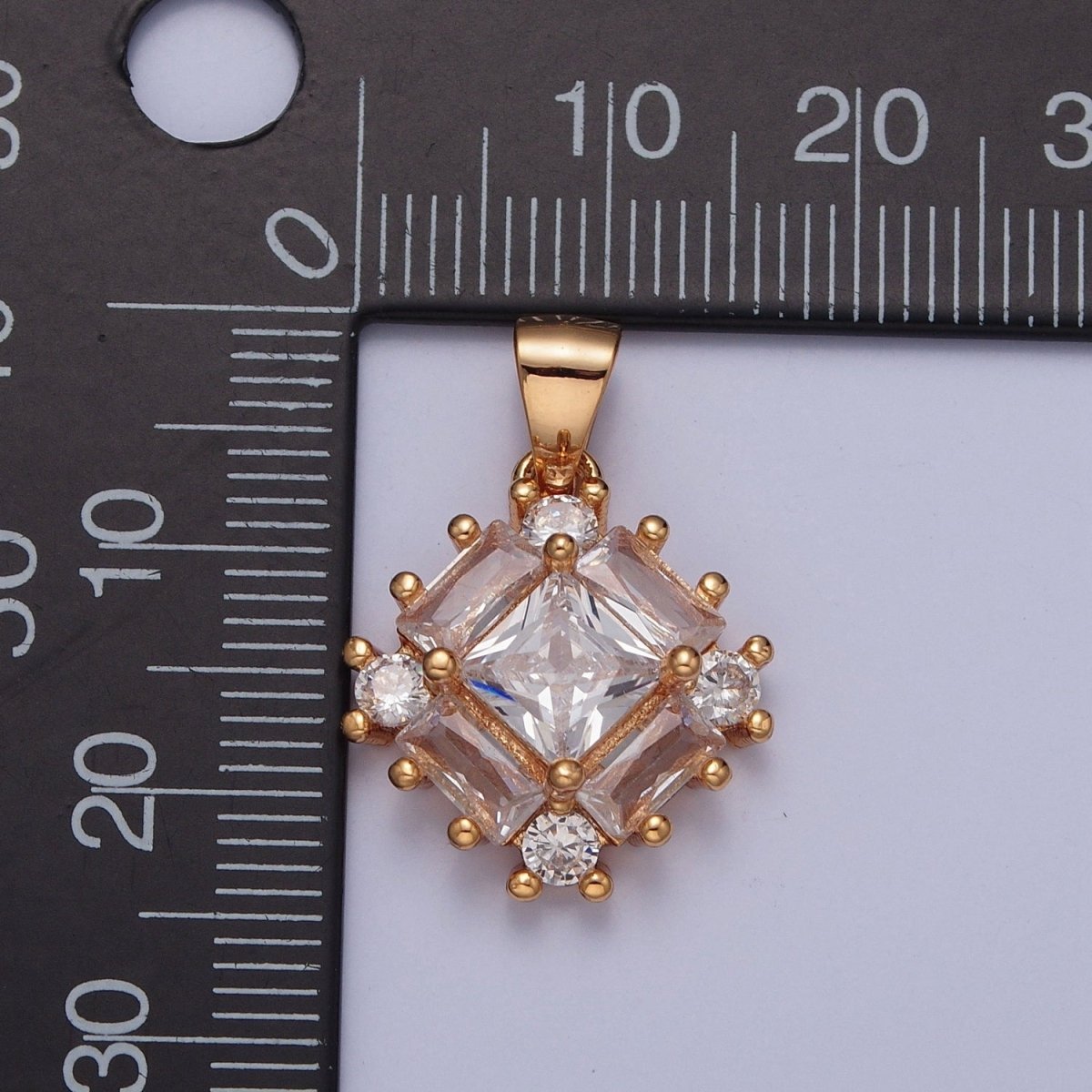 Gold Clear Baguette Round Cubic Zirconia Rhombus Pendant For Jewelry Making X-376
