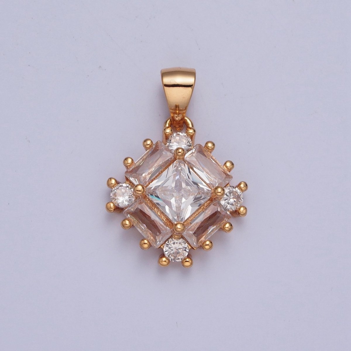 Gold Clear Baguette Round Cubic Zirconia Rhombus Pendant For Jewelry Making X-376