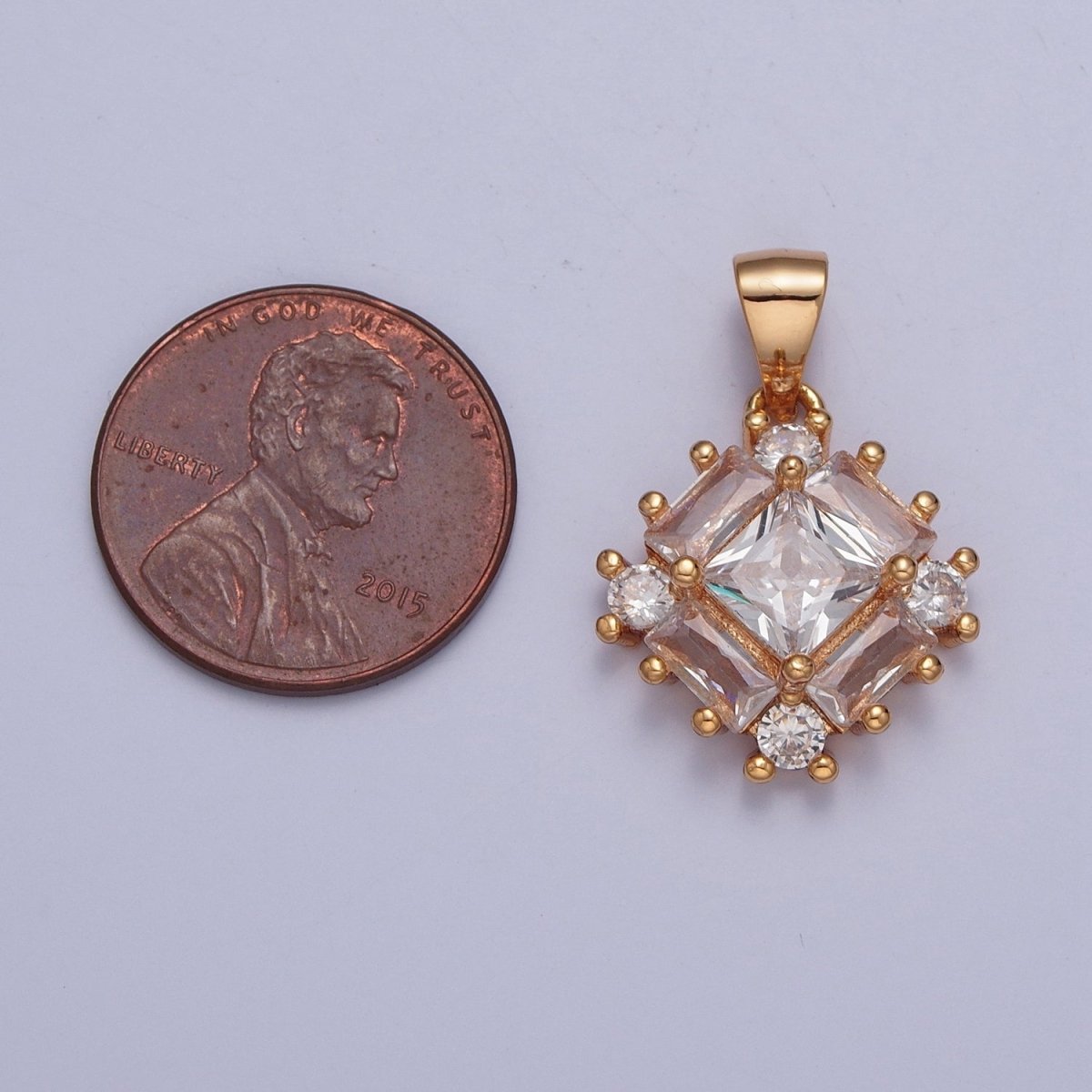 Gold Clear Baguette Round Cubic Zirconia Rhombus Pendant For Jewelry Making X-376