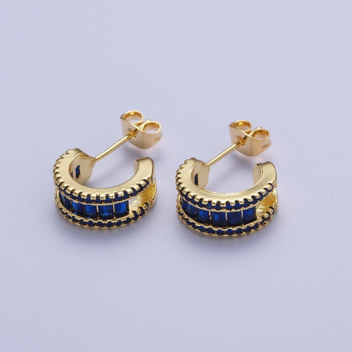 Gold Clear Black Green G042 Baguette Micro Paved Cubic Zirconia Wide C Shaped Hoop Stud Earrings | P-271 P-272 P-273 P-274