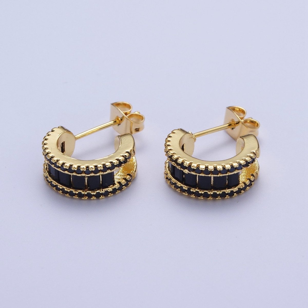 Gold Clear Black Green G042 Baguette Micro Paved Cubic Zirconia Wide C Shaped Hoop Stud Earrings | P-271 P-272 P-273 P-274