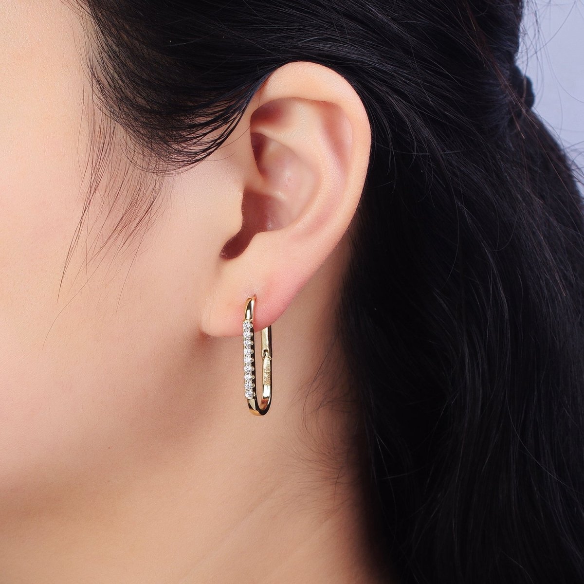 Gold Clear Micro Paved CZ Lined Oblong Hoop Earrings | AB427
