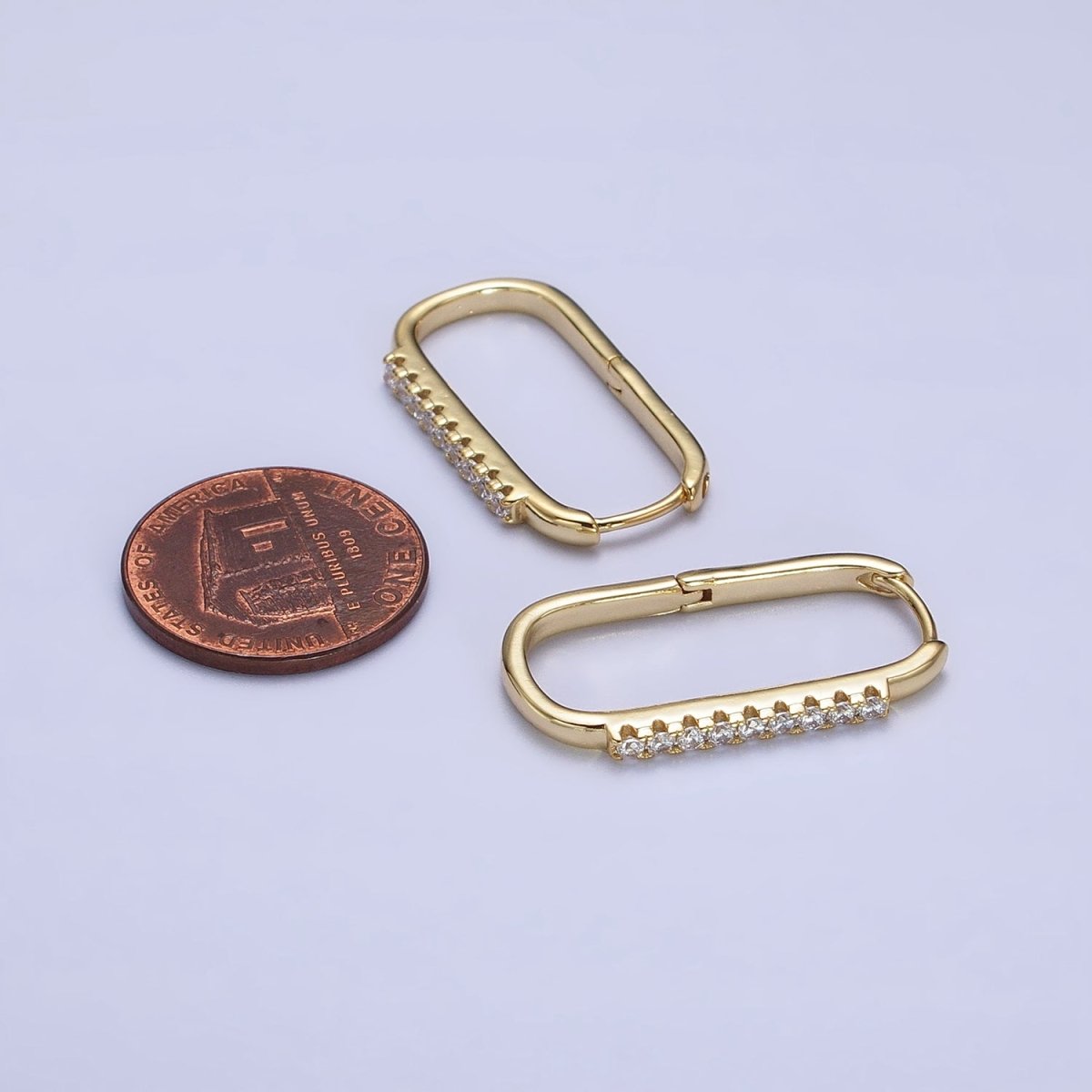 Gold Clear Micro Paved CZ Lined Oblong Hoop Earrings | AB427