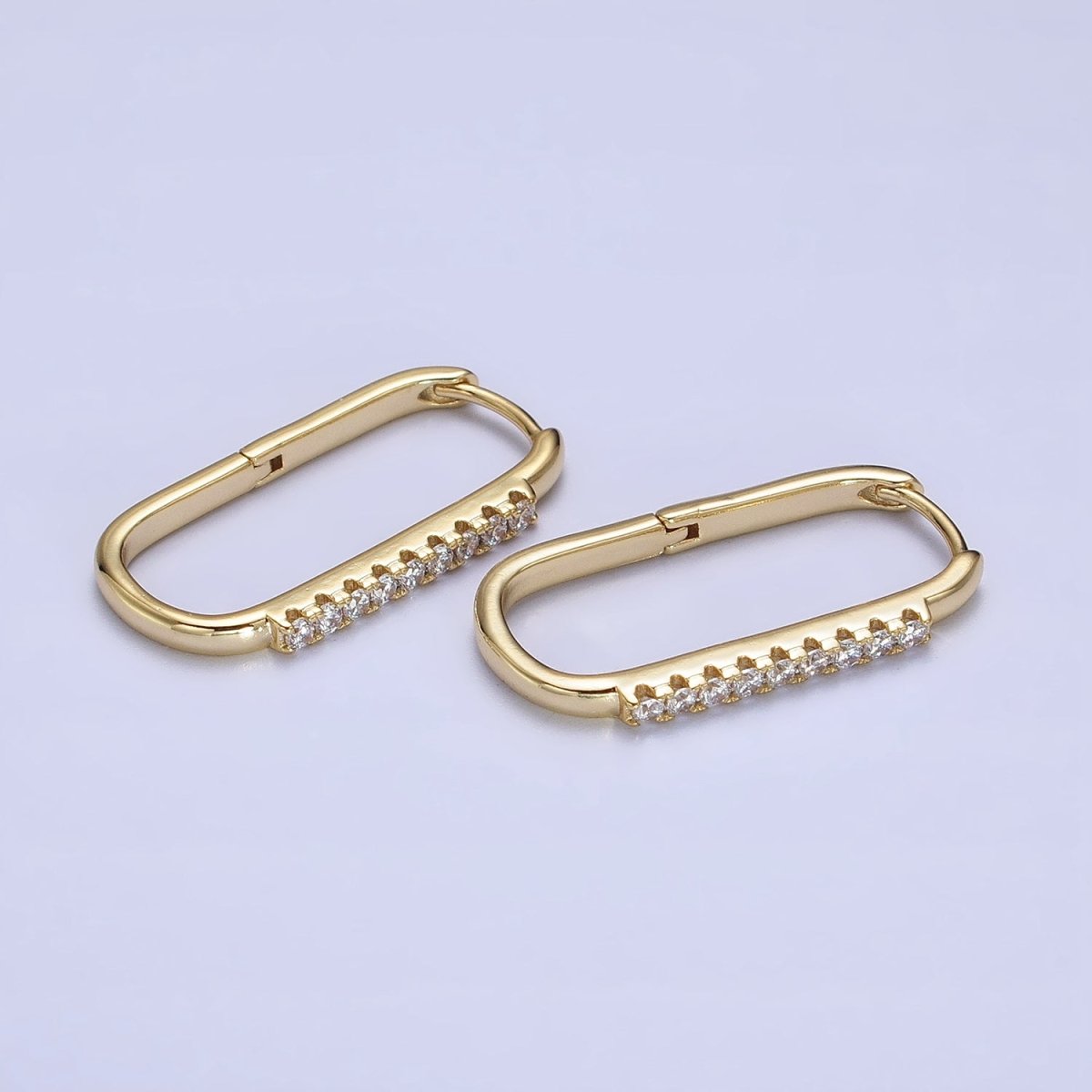 Gold Clear Micro Paved CZ Lined Oblong Hoop Earrings | AB427