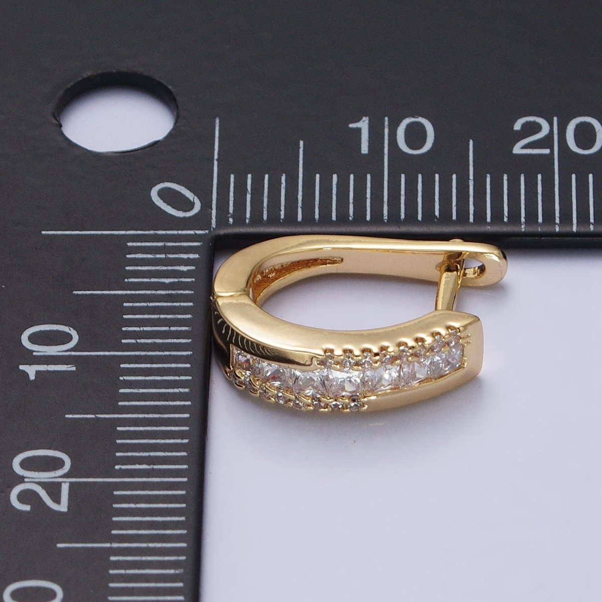 Gold Clear Square Lined Micro Paved CZ English Lock Earrings | AB391