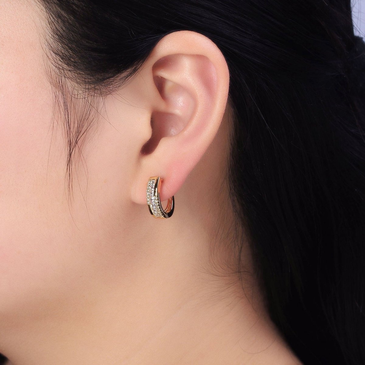 Gold Clear Square Lined Micro Paved CZ English Lock Earrings | AB391