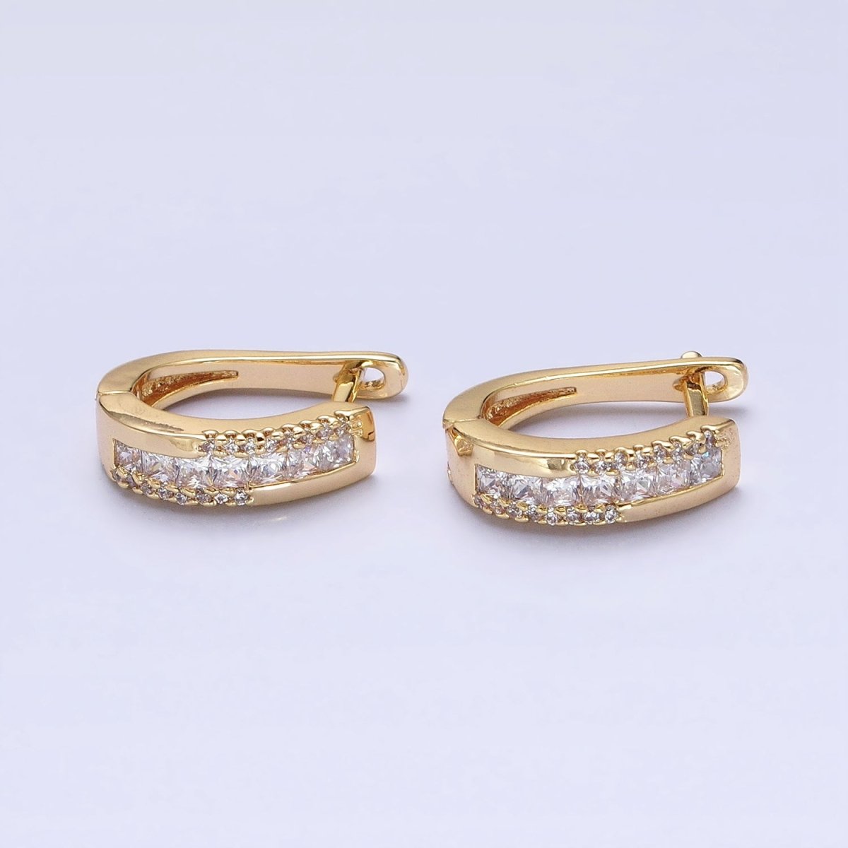 Gold Clear Square Lined Micro Paved CZ English Lock Earrings | AB391