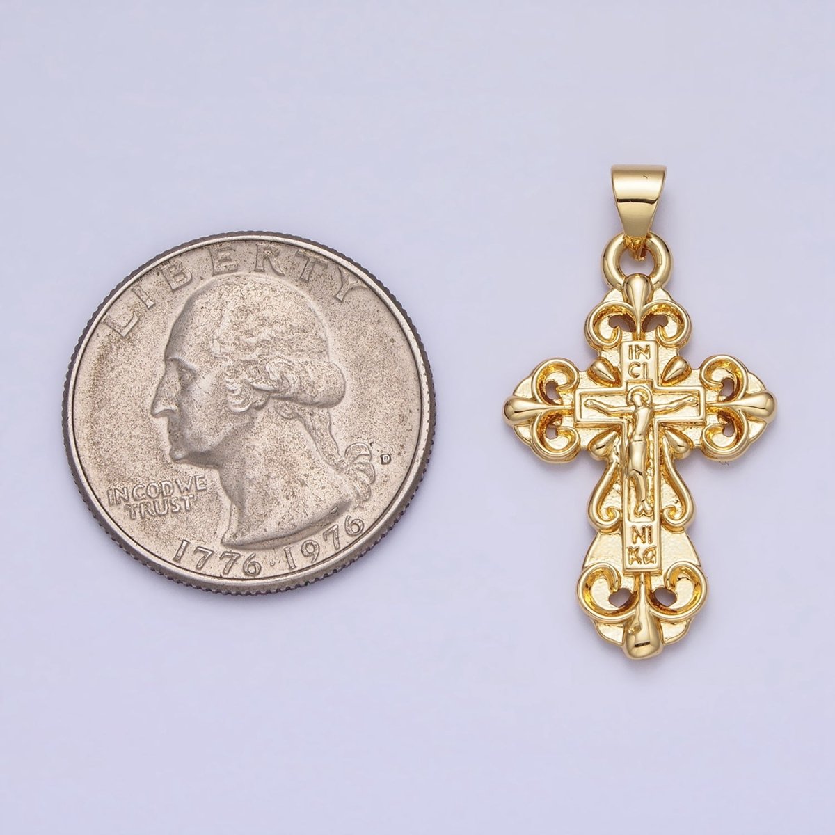 Gold Crucifix Crucified Fleury Cross Religious Engraved Pendant | AA161