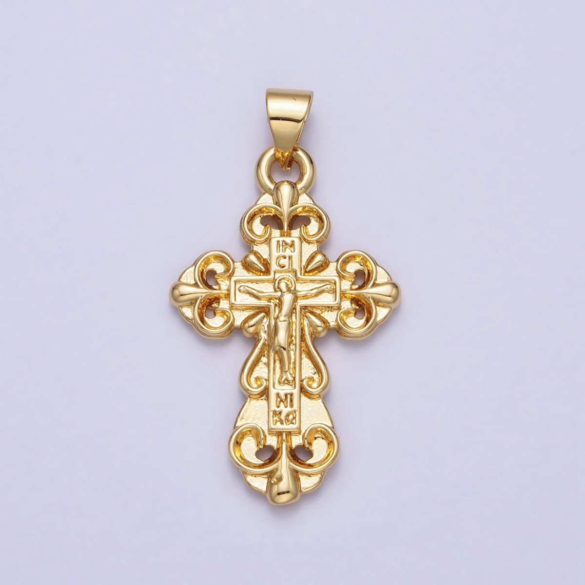 Gold Crucifix Crucified Fleury Cross Religious Engraved Pendant | AA161