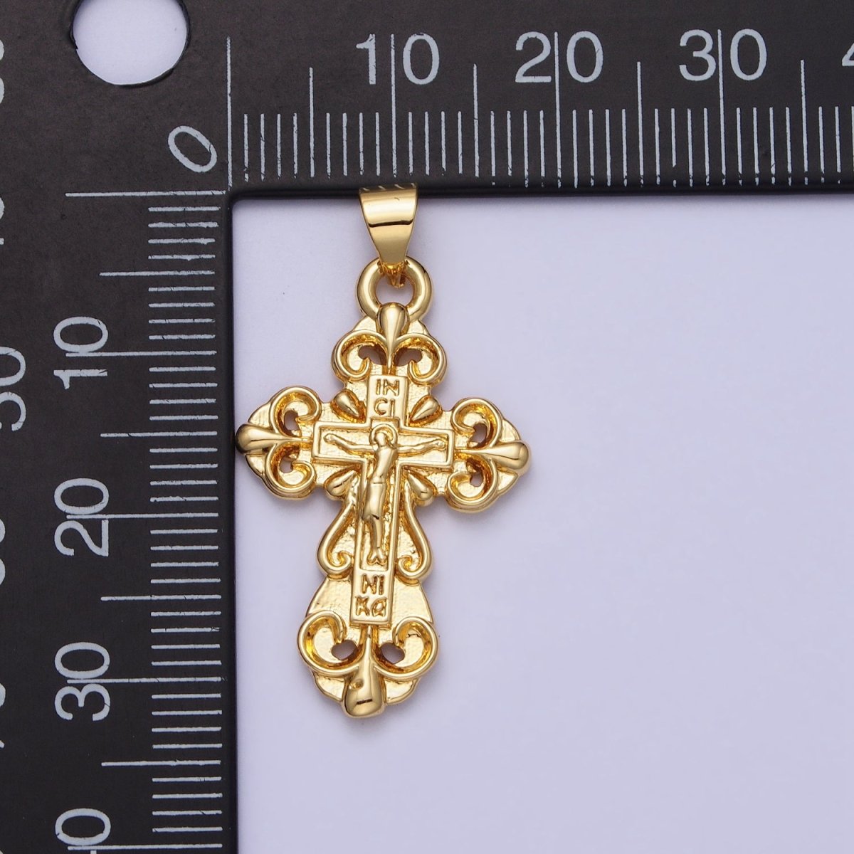 Gold Crucifix Crucified Fleury Cross Religious Engraved Pendant | AA161
