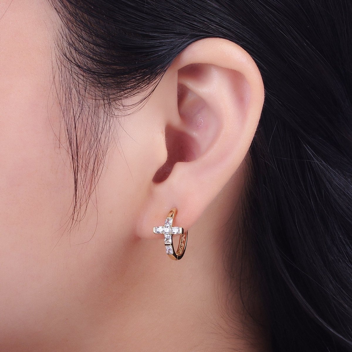 Gold Cubic Cross Huggie Earring Religious Hoop Earring Jewelry AD-049