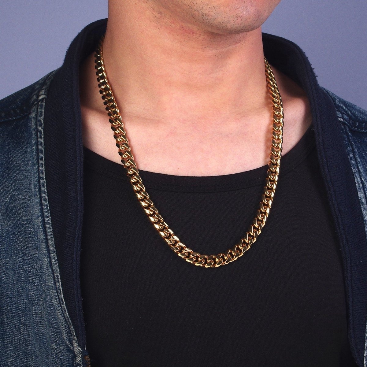 Gold Curb Chain Cuban Necklace for Men - Heavy Stainless Steel 10 12 14 mm Thickness 24.5 inch long WA-1726 WA-1727 WA-1728 Clearance Pricing