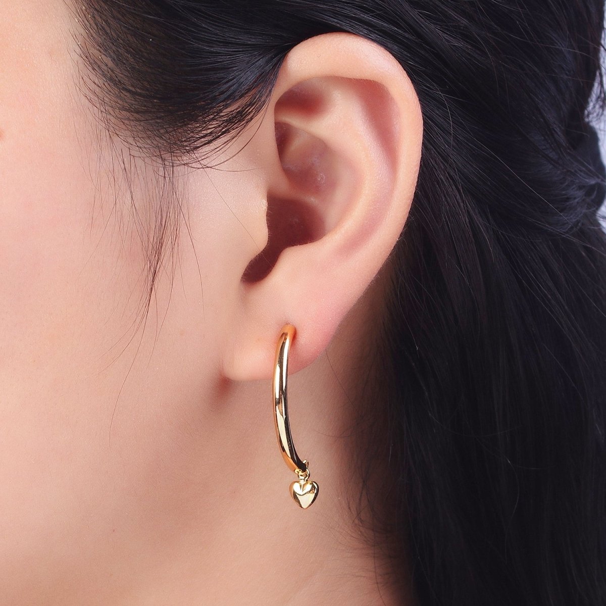 Gold Curved Half Hoop Love Heart Charm Dangle Drop Geometric Earrings | AB020