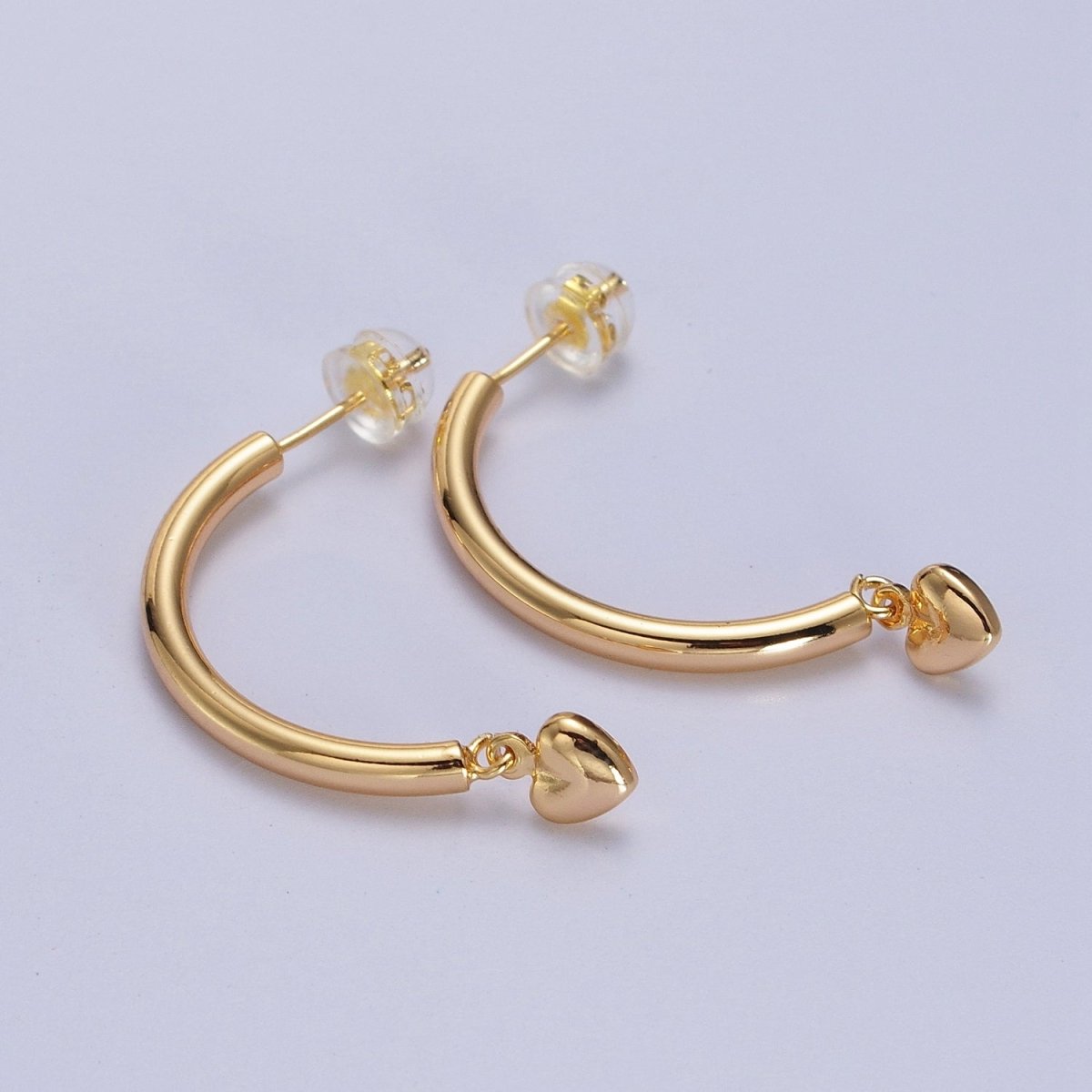 Gold Curved Half Hoop Love Heart Charm Dangle Drop Geometric Earrings | AB020