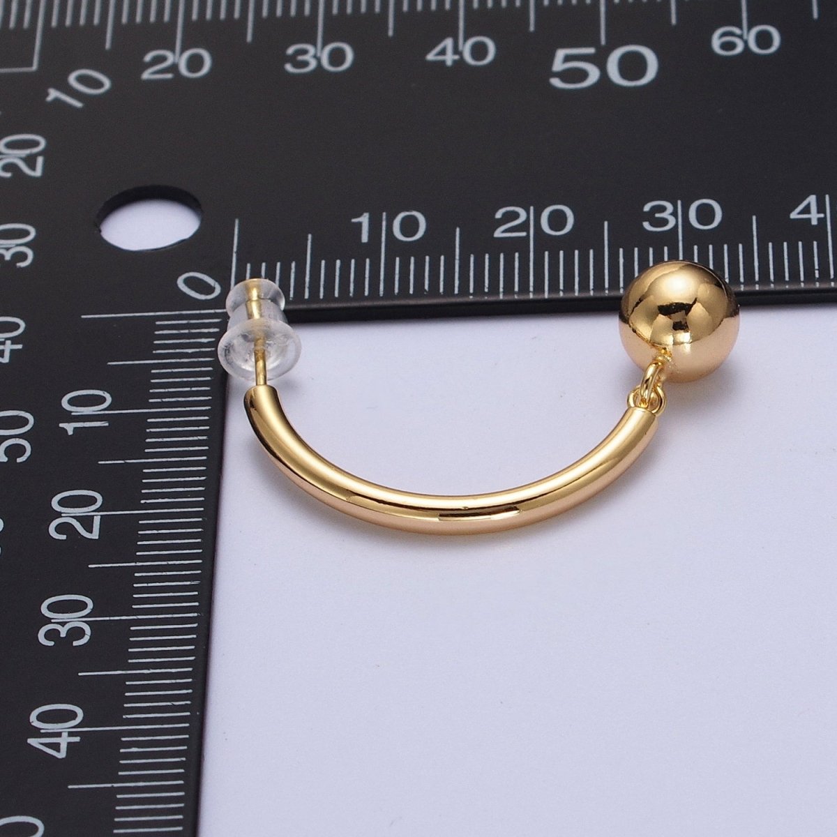 Gold Curved Half Hoop Round Ball Charm Dangle Drop Geometric Earrings | AB018