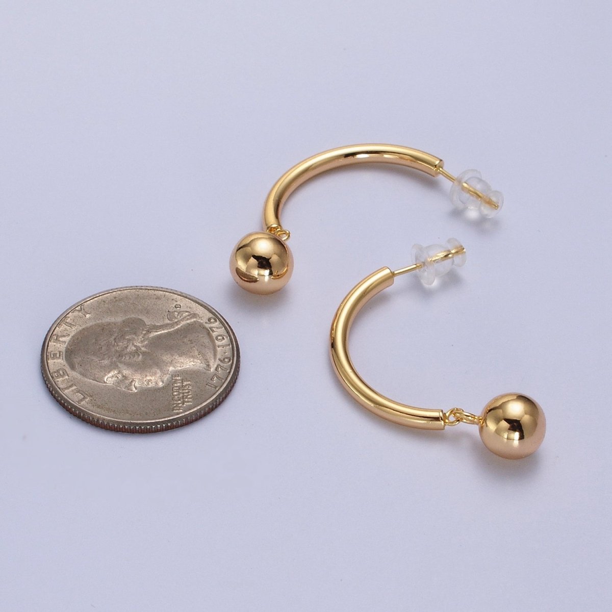 Gold Curved Half Hoop Round Ball Charm Dangle Drop Geometric Earrings | AB018