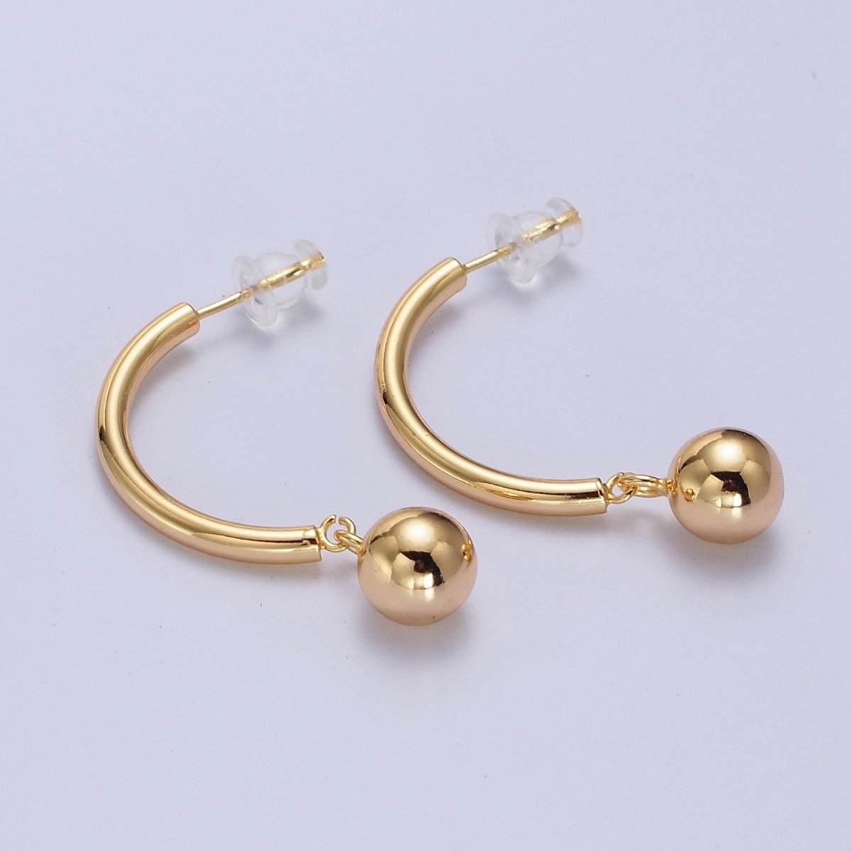 Gold Curved Half Hoop Round Ball Charm Dangle Drop Geometric Earrings | AB018