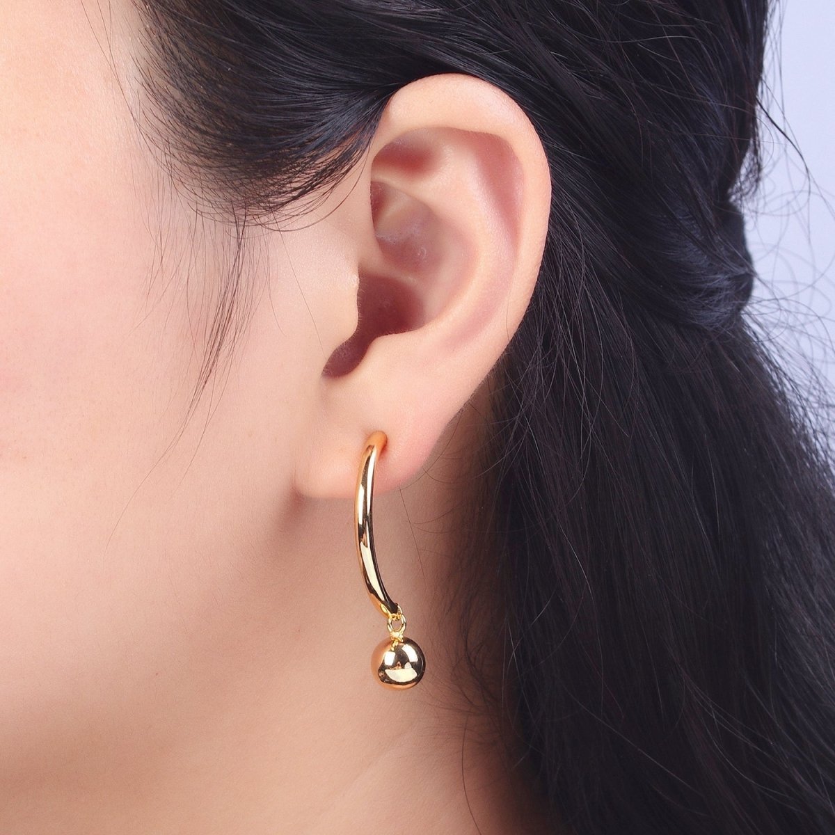 Gold Curved Half Hoop Round Ball Charm Dangle Drop Geometric Earrings | AB018