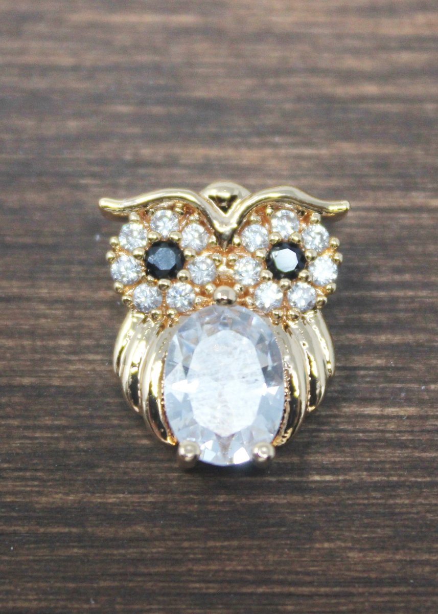 Gold Cute Baby Owl, Night Bird Animal, Owlet, Smart Student Cubic Zirconia Necklace Pendant Charm Bead Bails Findings for Jewelry Making B-247
