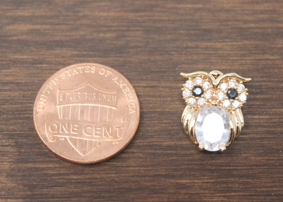 Gold Cute Baby Owl, Night Bird Animal, Owlet, Smart Student Cubic Zirconia Necklace Pendant Charm Bead Bails Findings for Jewelry Making B-247