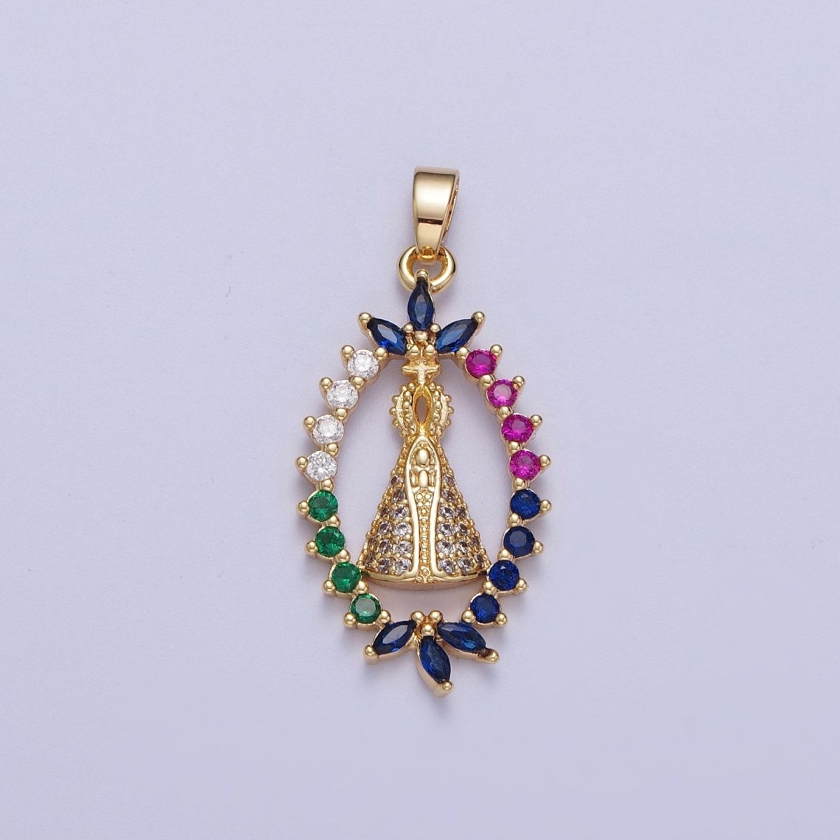 Gold CZ Religious Nossa Senhora Aparecida Pendant, 24K Gold Plated Micro Paved Marquise Cut Colorful CZ Religious Cross The Pope Pendant | X-699