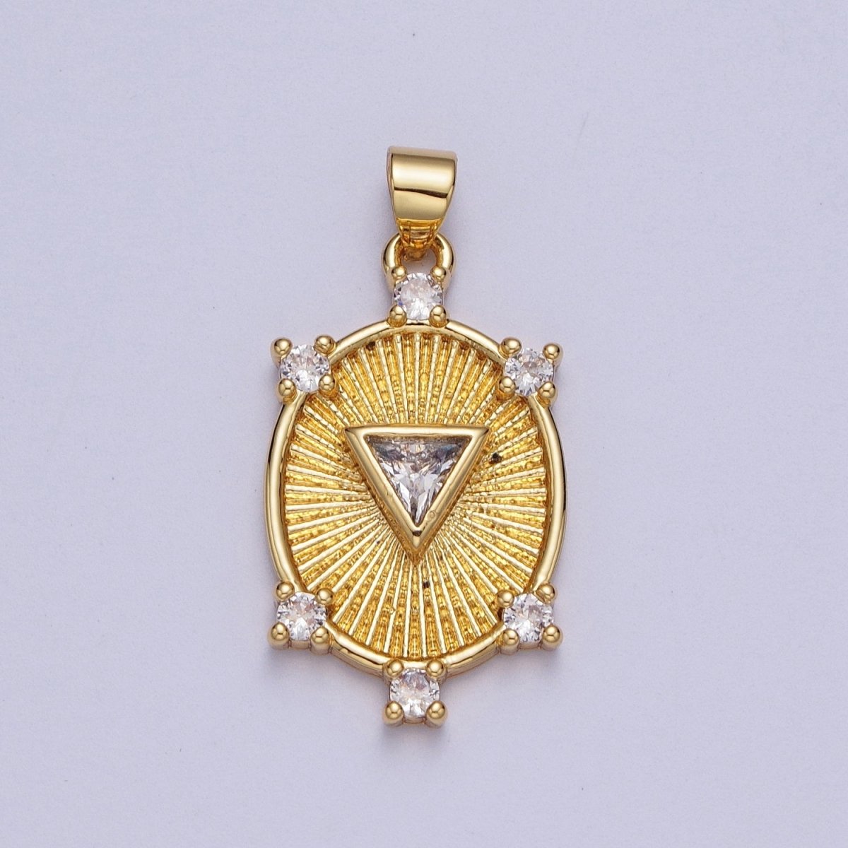 Gold CZ Sunburst Oval Pendant, Gold Clear Micro Paved Triangle Cut Center CZ Sunburst Shining Patterned Oval Medallion Charm | X-540