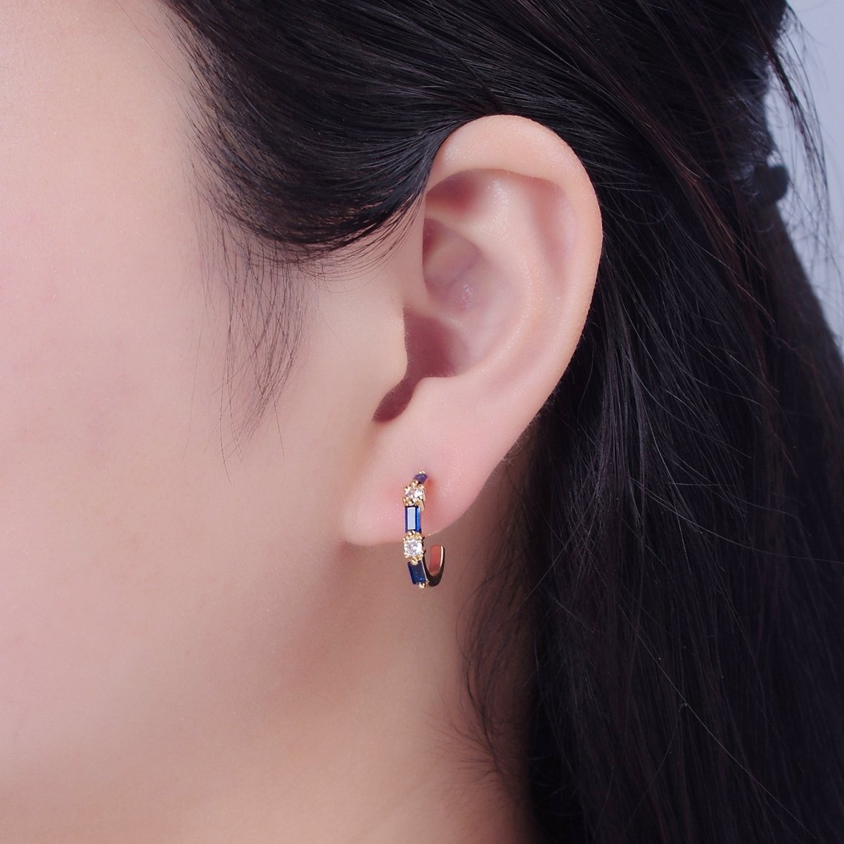 Gold Dainty Blue Cz Baguette Hoop T-382