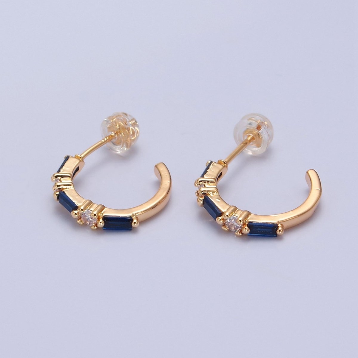 Gold Dainty Blue Cz Baguette Hoop T-382