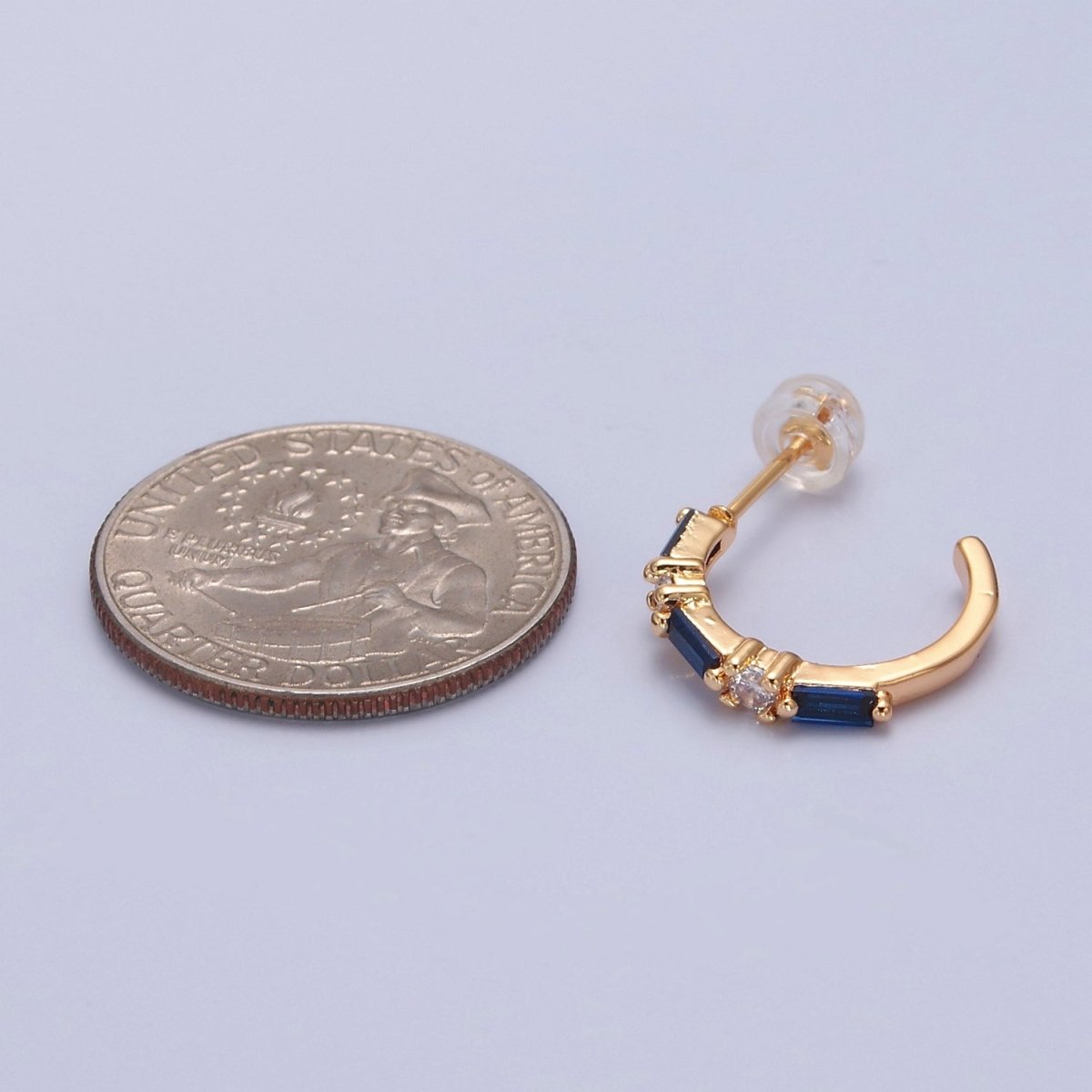 Gold Dainty Blue Cz Baguette Hoop T-382
