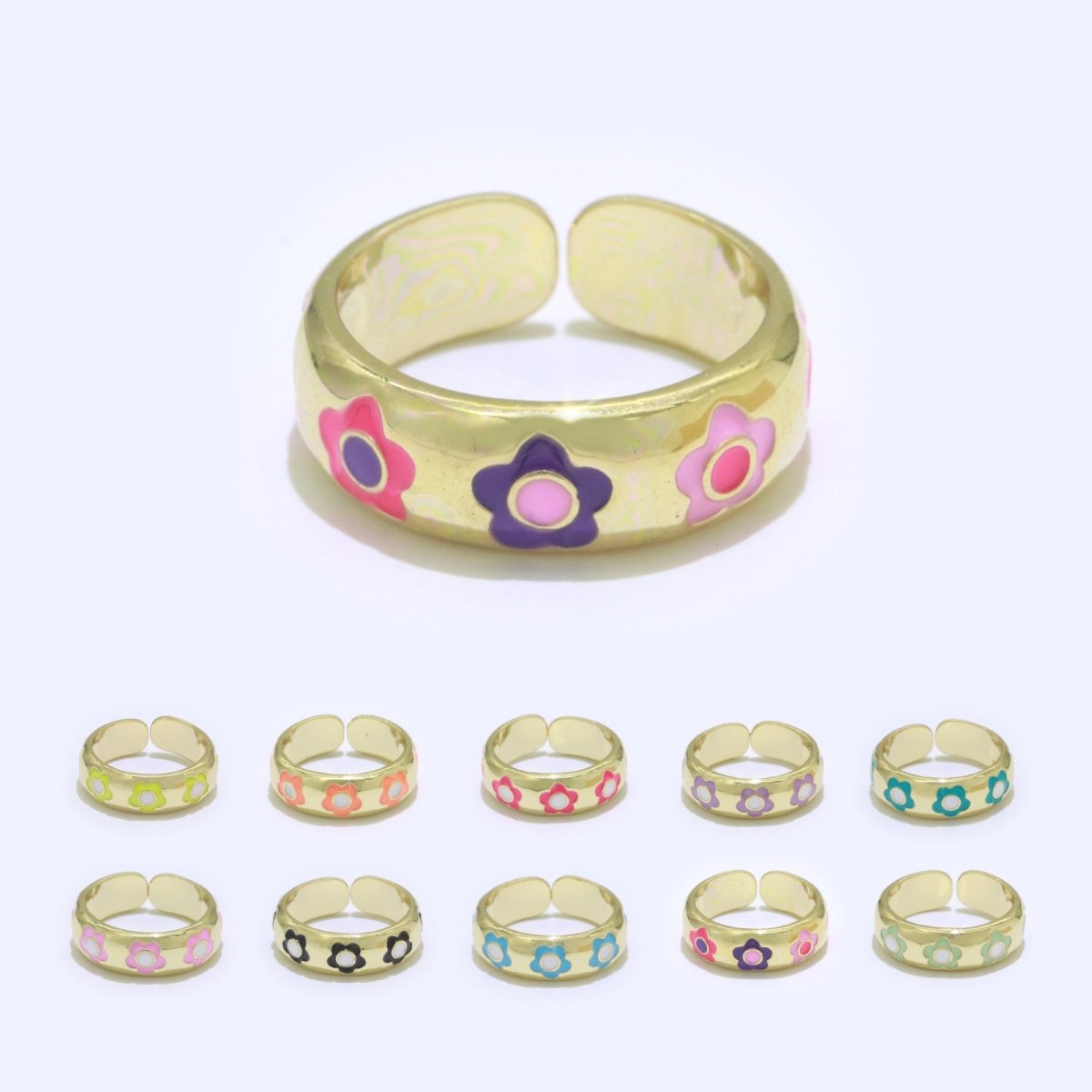 Gold Daisy Enamel Open Adjustable Ring Minimalist Jewelry Stackable Midi Ring S-021 ~ S-030